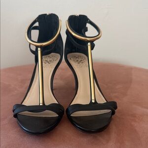 Vince Camuto Black Sandals with Gold T-Bar Accent
